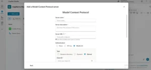 Dialog box to add an MCP server with server name, URL, and OAuth 2.0 authentication fields