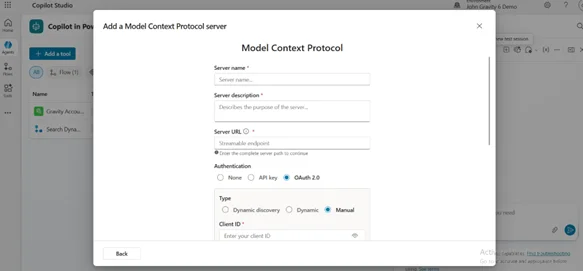 Dialog box to add an MCP server with server name, URL, and OAuth 2.0 authentication fields