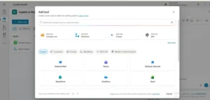 Add tool dialog showing options like Connector, Prompt, Workflows, REST API, and MCP