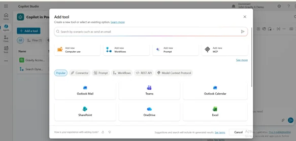 Add tool dialog showing options like Connector, Prompt, Workflows, REST API, and MCP