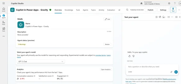 Copilot Studio agent overview page