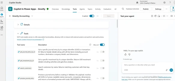 Copilot Studio Tools tab showing MCP tools list for Gravity Accounting