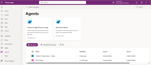 Power Apps Agents page listing