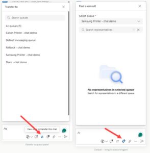 Transfer and consult options in D365 live chat session