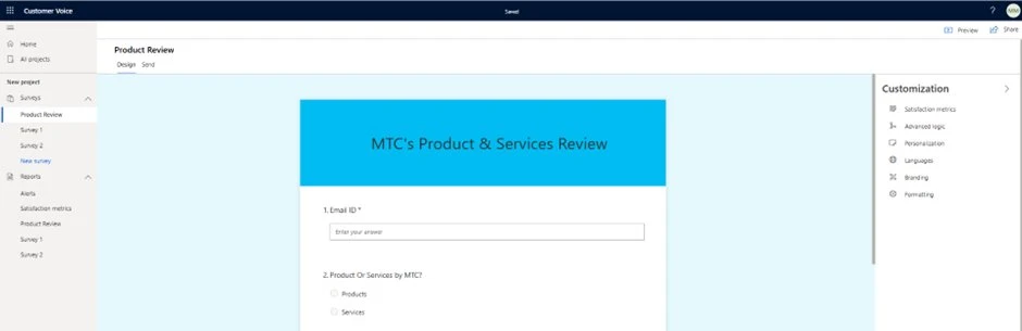 Customer Voice Product Review survey analytics dashboard