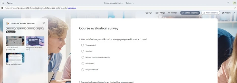 Microsoft Forms welcome page with template categories