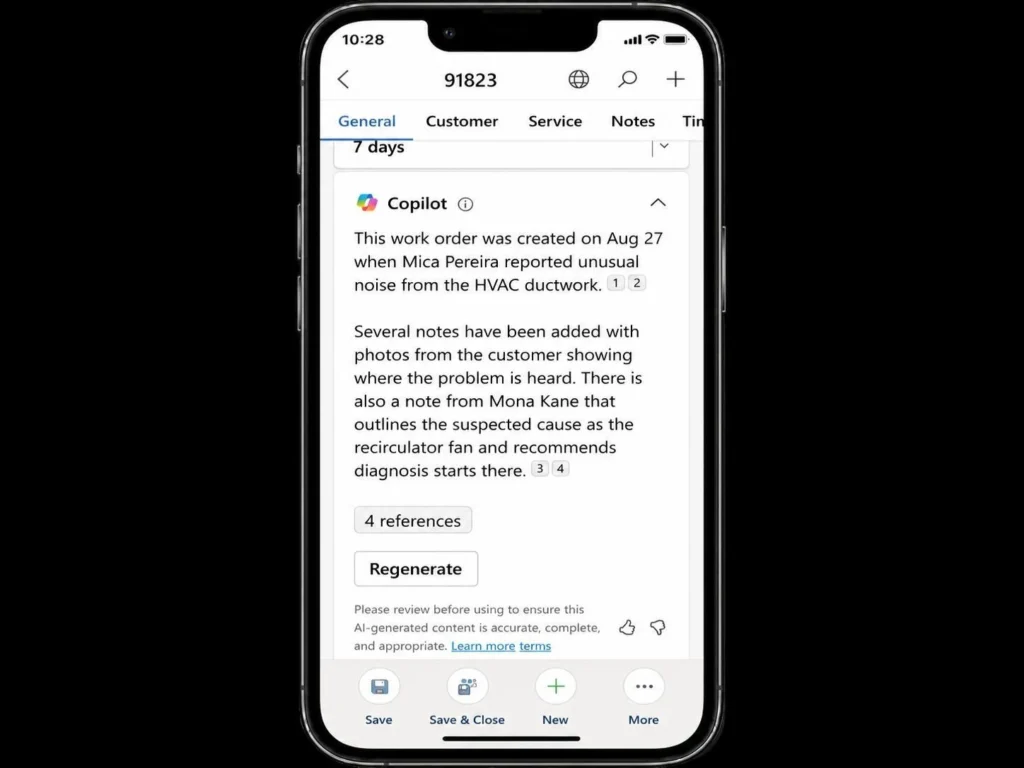 Copilot Summarize in the Dynamics 365 Field Service mobile app