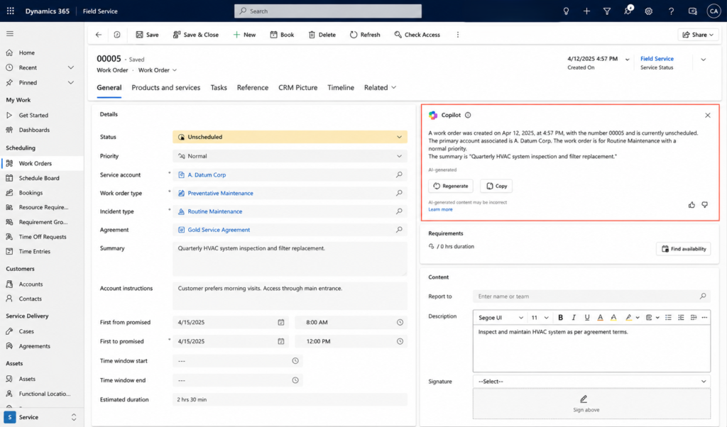 Copilot work order summary in Dynamics 365 Field Service