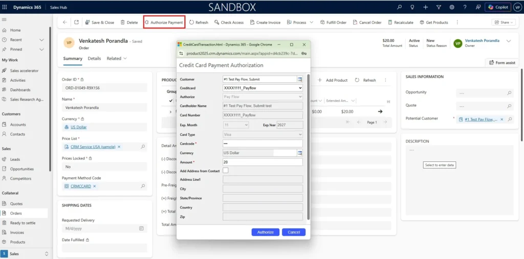 Credit Card Pro payment screen inside Microsoft Dynamics 365