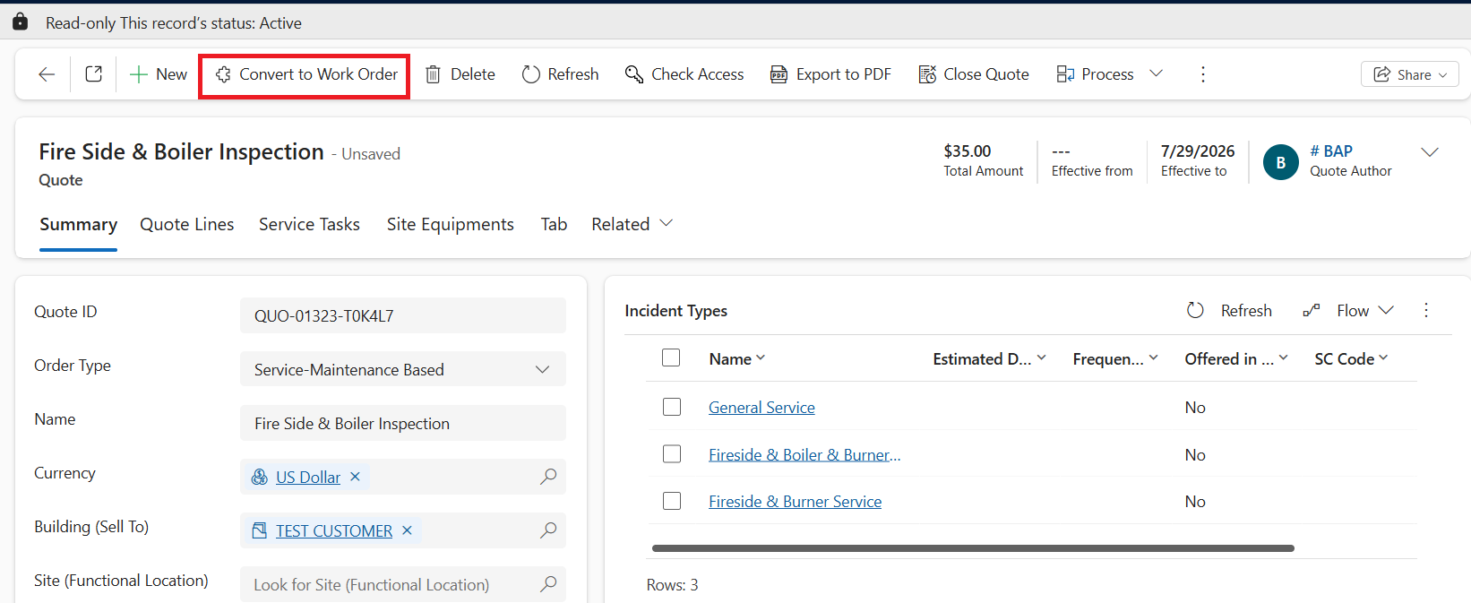 Custom Generate Work Order command button on the Quote form