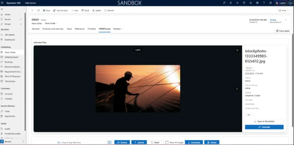 Dispatcher viewing uploaded Field Service photos in Dynamics 365-02