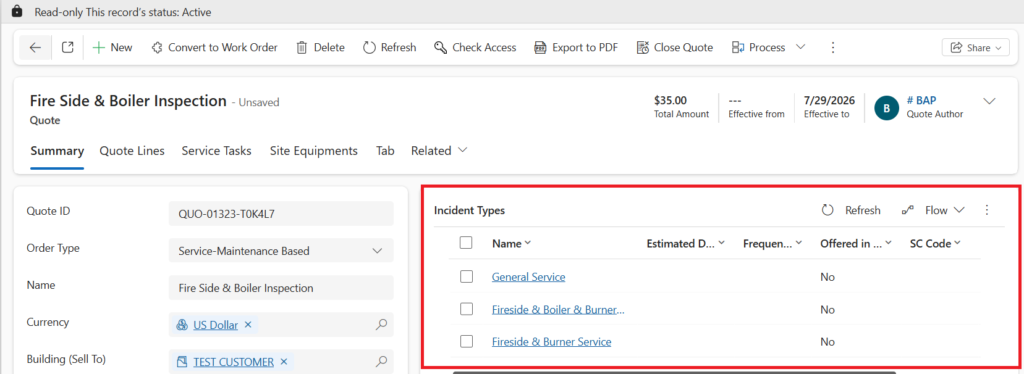 Incident Type sub-grid added to a Dynamics 365 Quote form