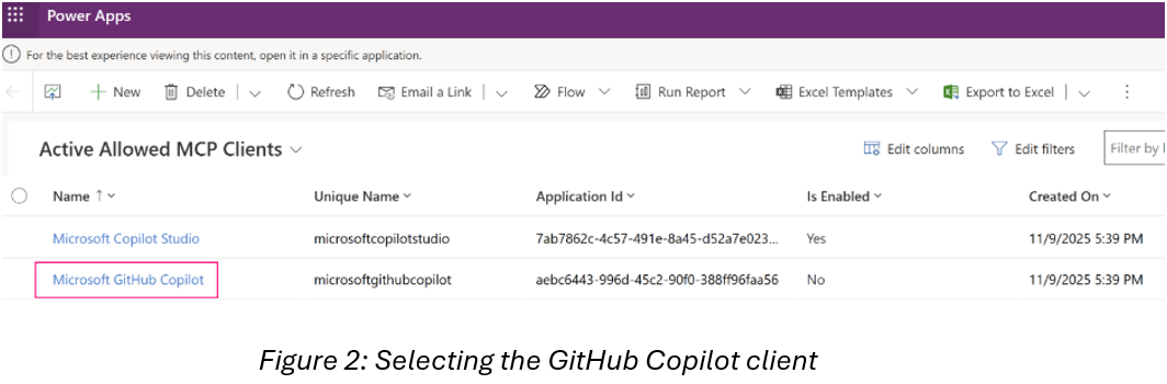 Selecting the GitHub Copilot MCP client