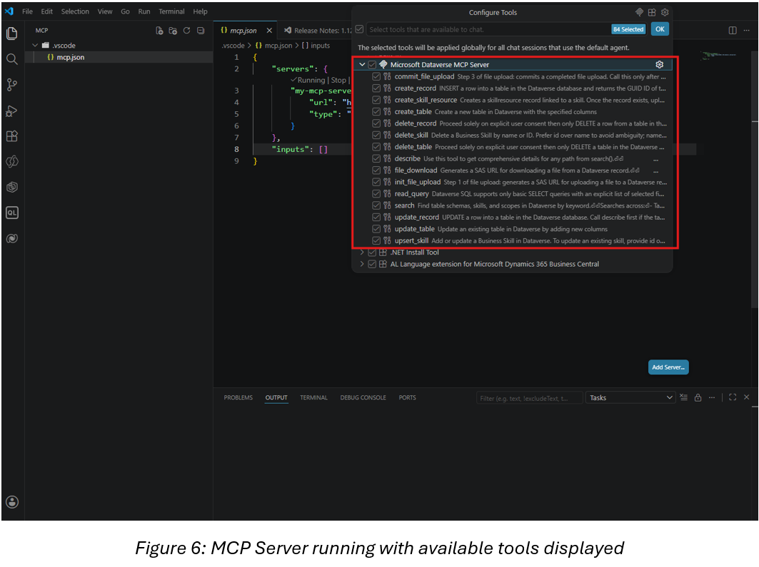 Dataverse MCP server running with available tools