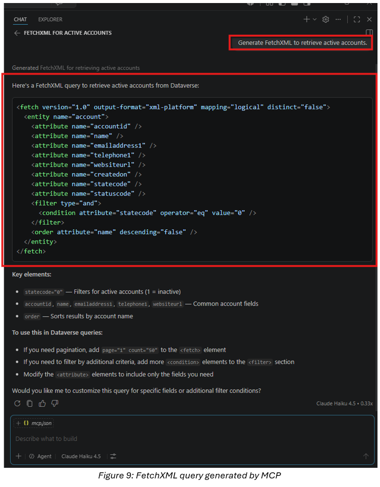 FetchXML query generated by the Dataverse MCP server