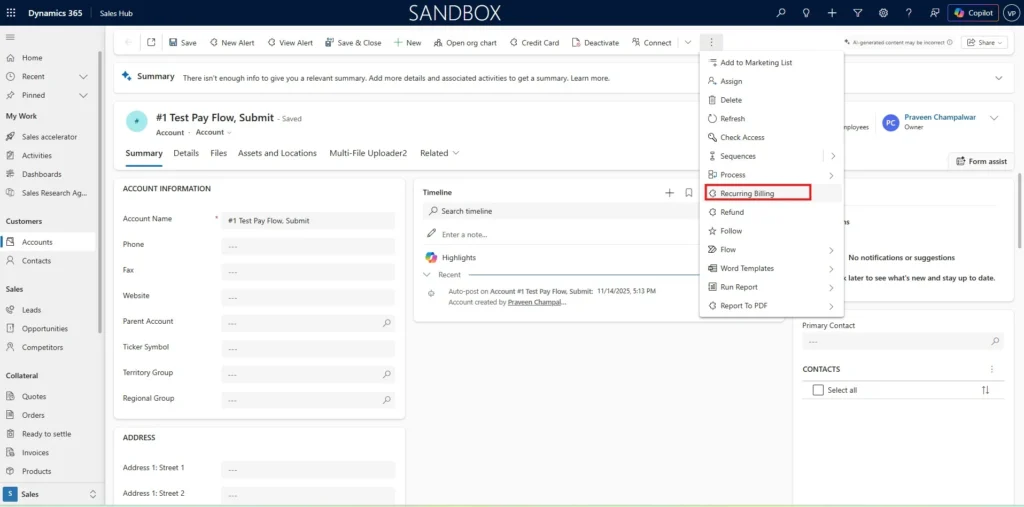 Recurring billing setup in Credit Card Pro for Dynamics 365