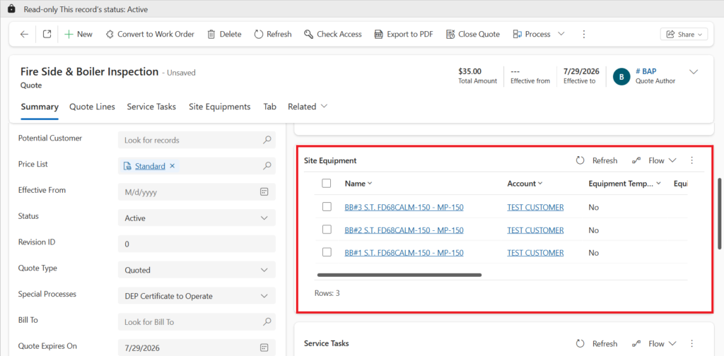 Related customer equipment displayed on a Dynamics 365 Quote