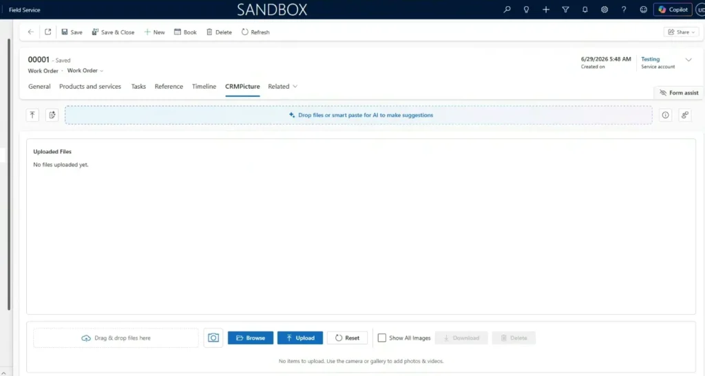 Work order timeline with full photo evidence attached via CRM Picture