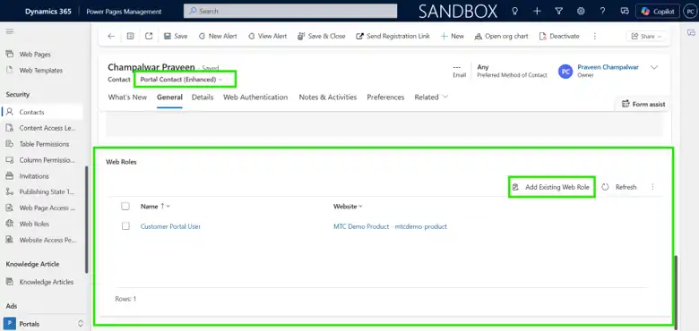Assigning a Web Role to a portal Contact in Power Pages