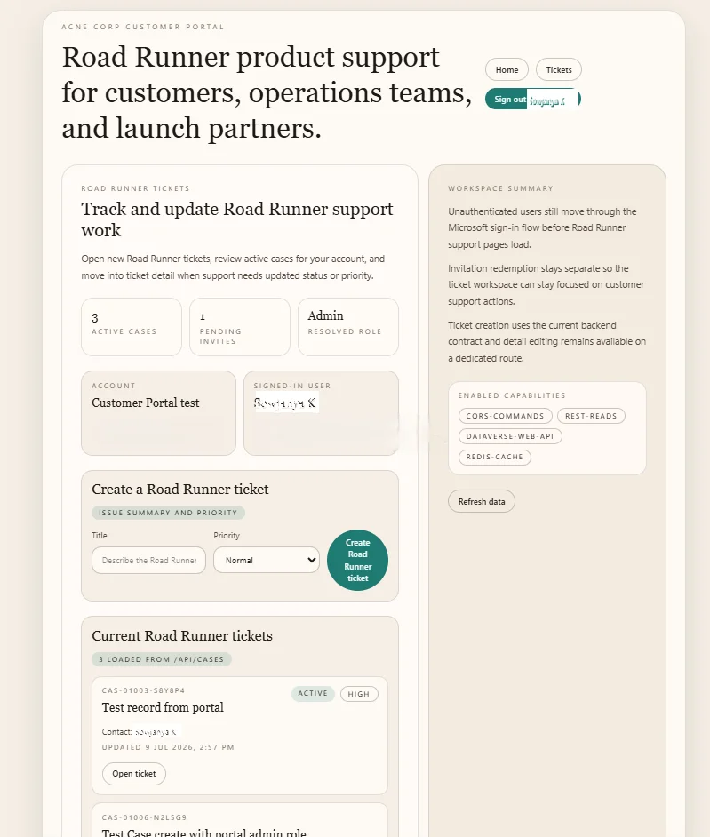 B2B customer portal home page after sign-in showing cases