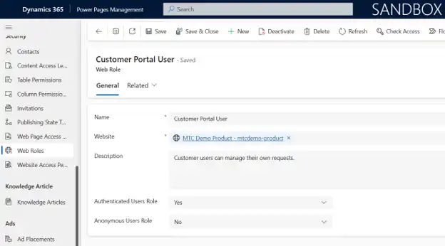 Custom Web Role saved in the Power Pages Portal Management app
