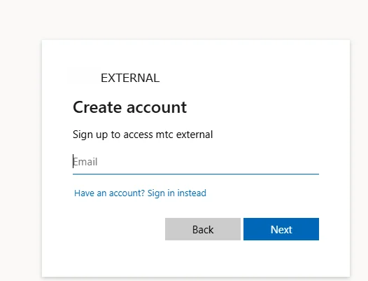 Entering email address to create account in Microsoft Entra External ID