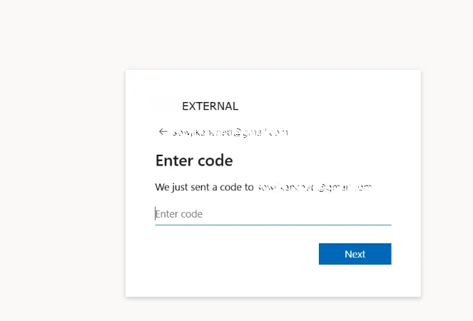 Entering the one-time verification code from Microsoft Entra External ID