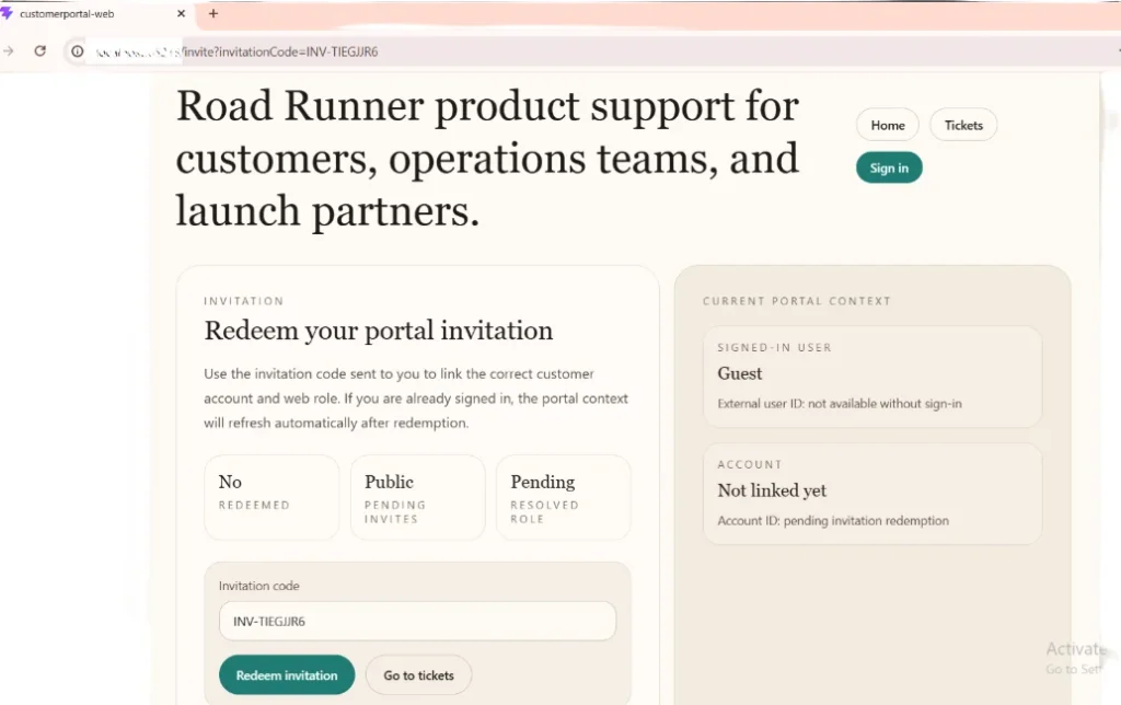 Invitation Redemption page with code populated in the B2B portal