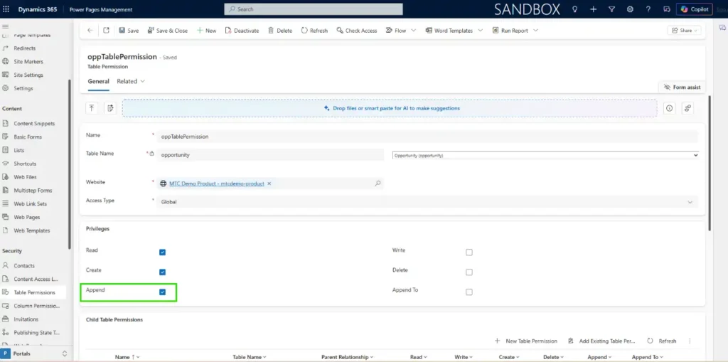 Power Pages Table Permission with Append privilege enabled