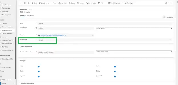 Power Pages Table Permission with Contact access type