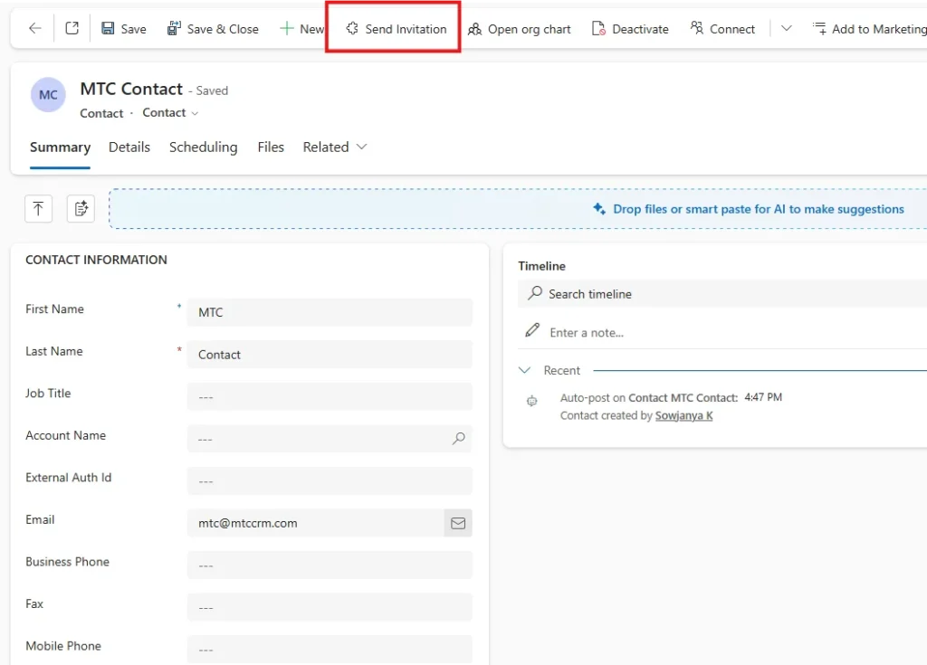 Send Invitation button on the Contact record in Dynamics 365 CRM