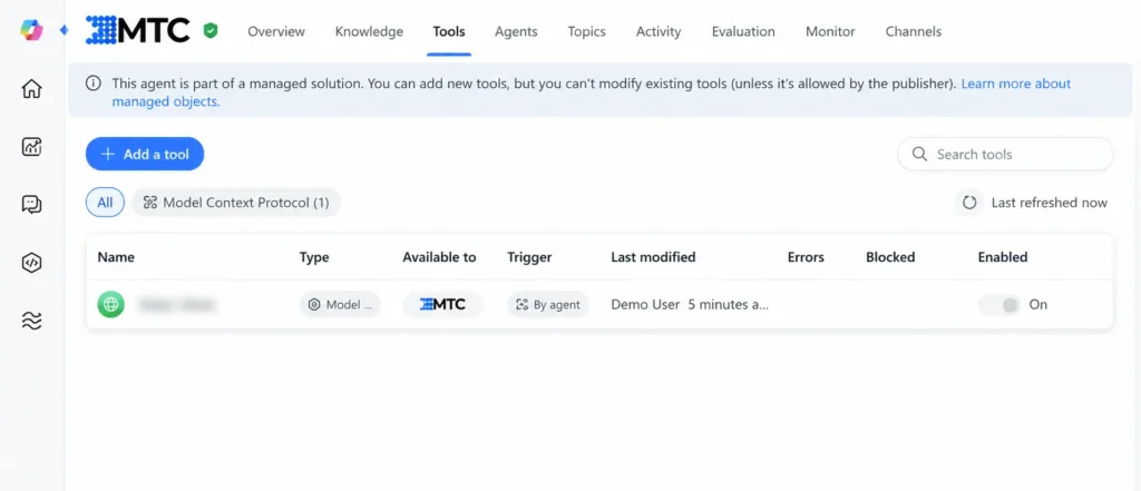 MCP tool listed under Copilot Studio agent tools