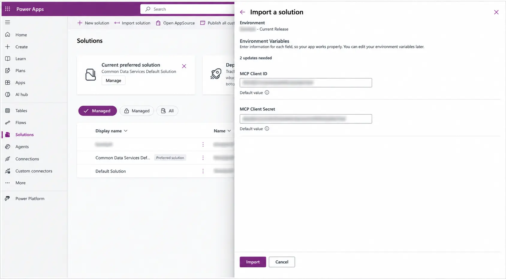 Verifying MCP environment variables during solution import